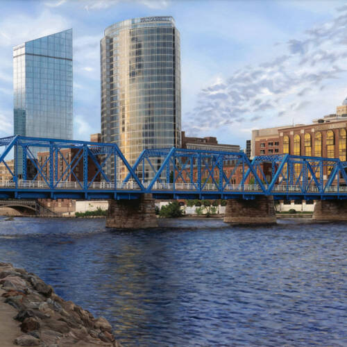 Hyper realistic painted cityscape of Grand Rapids with the Blue Bridge.
